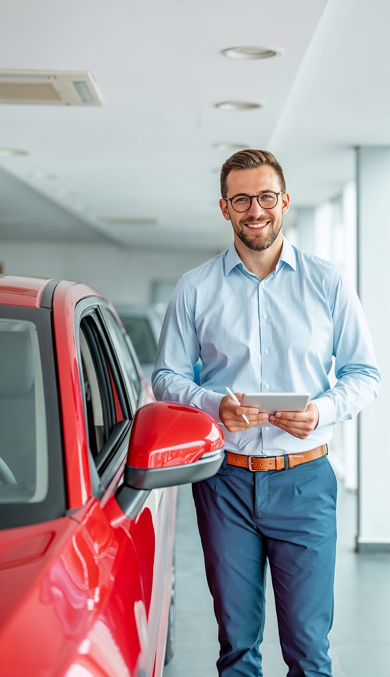 Conseiller automobile en showroom avec tablette